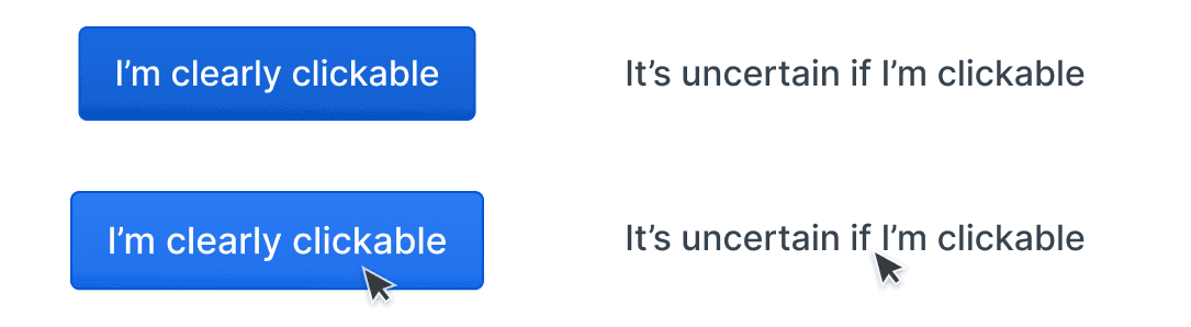 An example of two buttons where one has a blue background and subtle shading to indicate it's clickable. The second has no background or border and it's unclear if it's clickable.